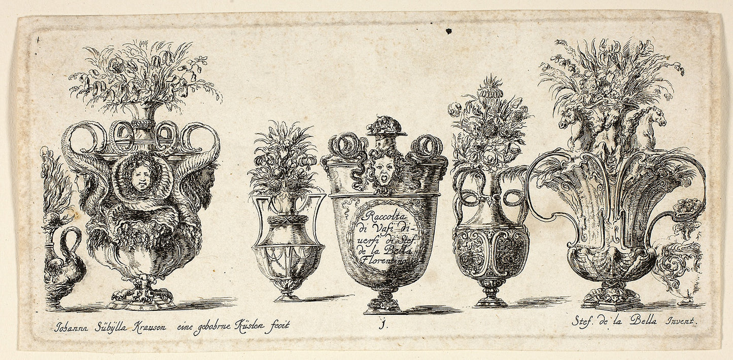 Plate One from Raccolta di Vasi diversi di Stef. de la Bella Fiorentino -  Johanna Sibylla Kusell (Kuslin Kraus) (German, active 1650-1717),  Poster Print Wall Art