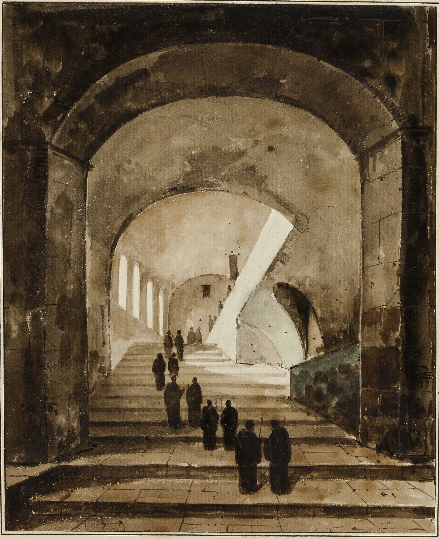 Monks on the Staircase of the Villa of Maecenas at Tivoli -  François-Marius Granet,  Poster Print Wall Art