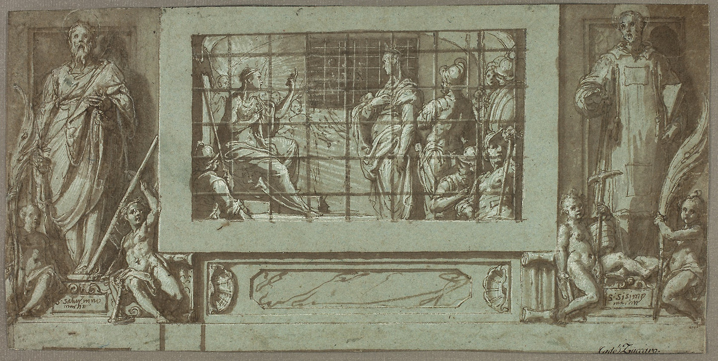 Saint Catherine in Prison Converting the Empress Faustina to Christianity, Flanked -  Saints Saturnius and Simon -  Federico Zuccaro,  Poster Print Wall Art