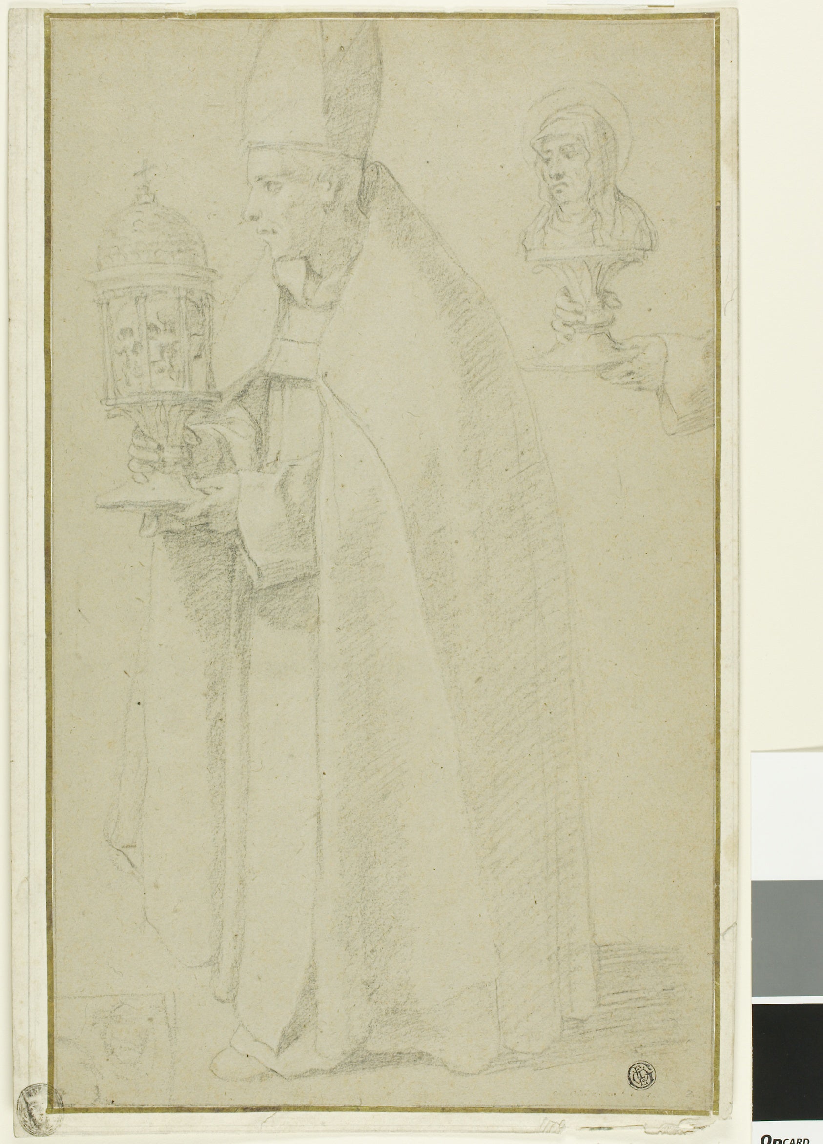 A Bishop Carrying a Reliquary with a Skull and Study of Two Hands Holding a Reliquary of a Female Saint: School of Eustache Le Sueur,16x12"(A3) Poster