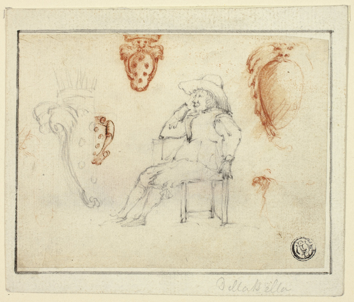Sketches of Seated Man, Medici Coats of Arms -  Attributed to Stefano della Bella,  Poster Print Wall Art