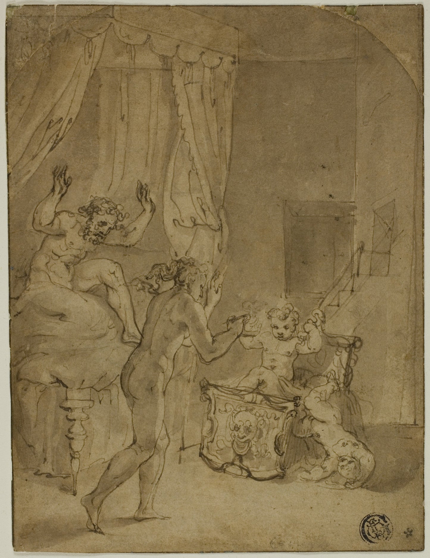 The Infant Hercules Strangling Serpents in His Cradle (recto); Crowned Woman Kneeling in Landscape, and Other Sketches (verso) -  Attributed to Prospero Fontana,  Poster Print Wall Art