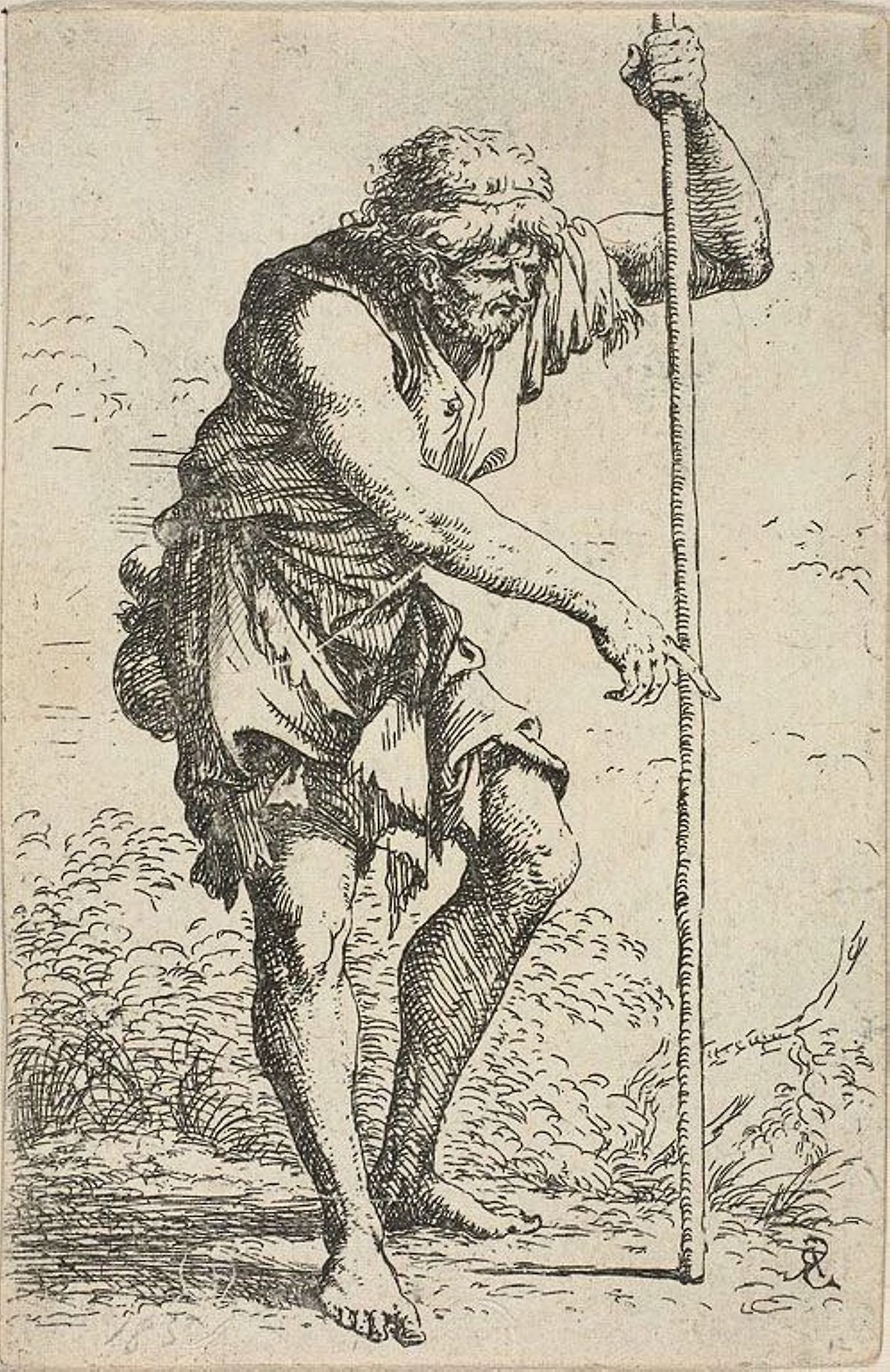 An Old, Ragged Man with a Staff and a Ground at his Hip, from Figurina -  Salvator Rosa,  Poster Print Wall Art