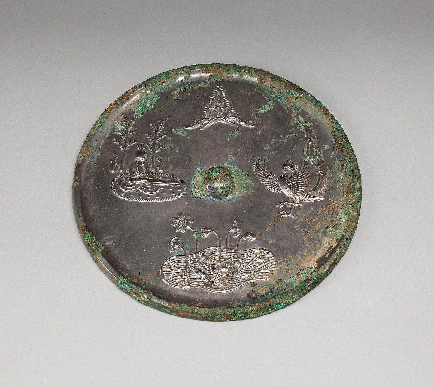 Mirror with Images of Purity and Immortality -  Mount Penglai, Boya Playing the Qin (Zither), Lotus Pond, and Dancing Phoenix -  China,  Poster Print Wall Art