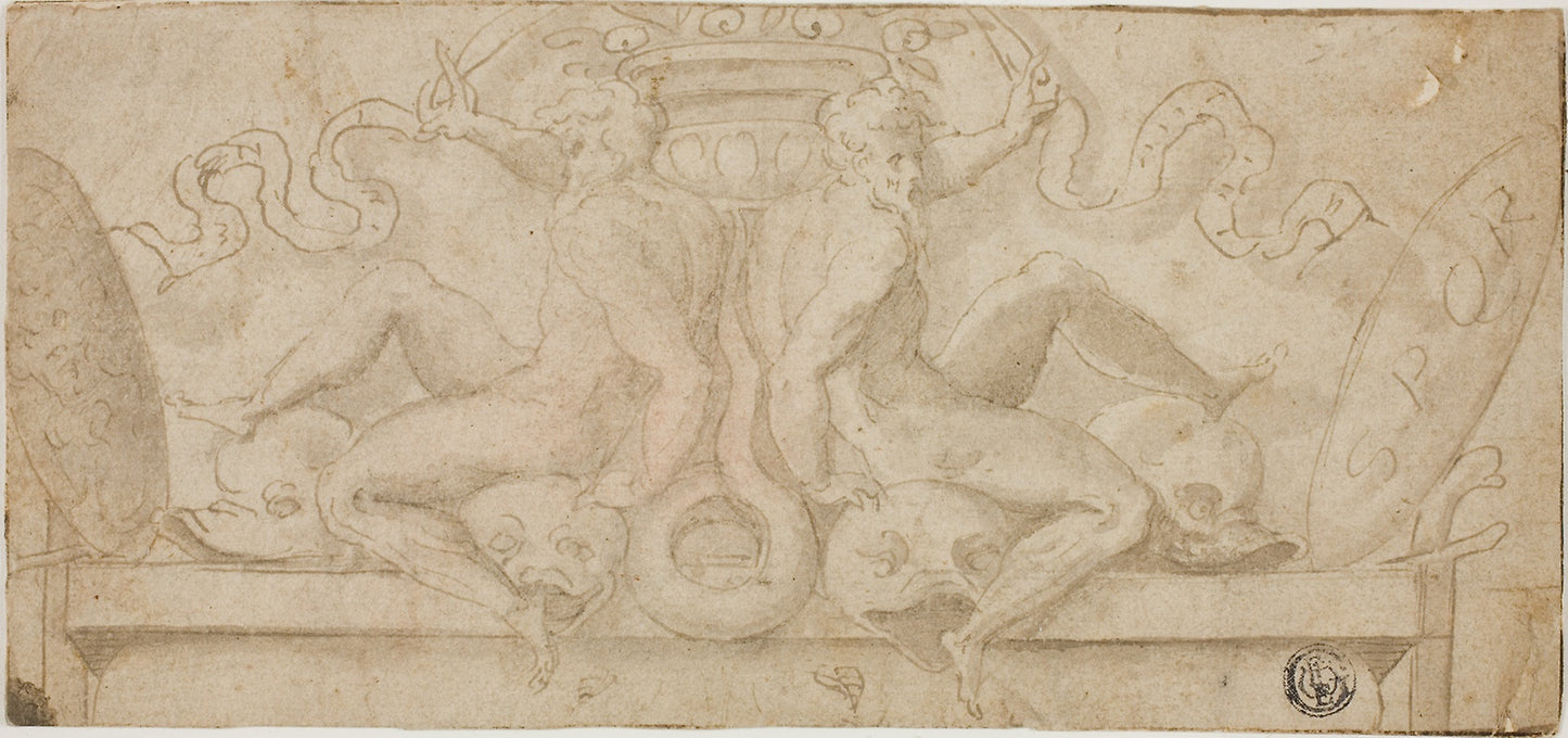 Design for Overdoor -  Two Ignudi with Dolphins and Shields -  Circle of Francesco de'Rossi, called Salviati,  Poster Print Wall Art