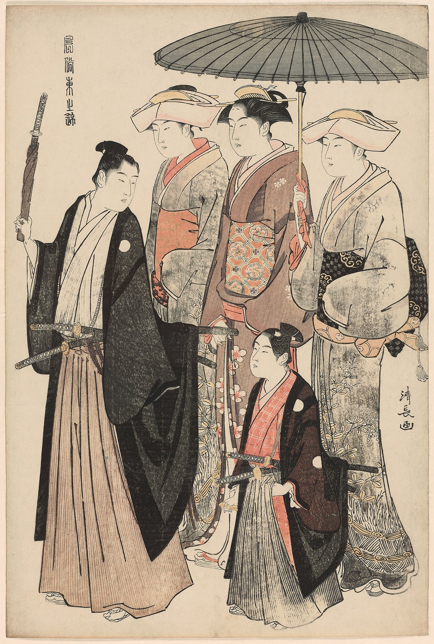 A Young Nobleman, His Mother, and Three Servents, from the series "A Brocade of Eastern Manners (Fuzoku Azuma no nishiki)" -  Torii Kiyonaga,  Poster Print Wall Art