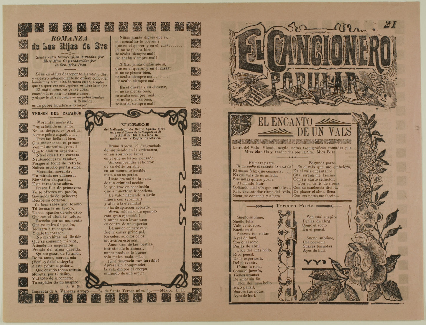 El cancionero popular, num. 21 (The Popular Songbook, No. 21) -  Manuel Manilla (Mexican, 1830-c.1900),  Poster Print Wall Art