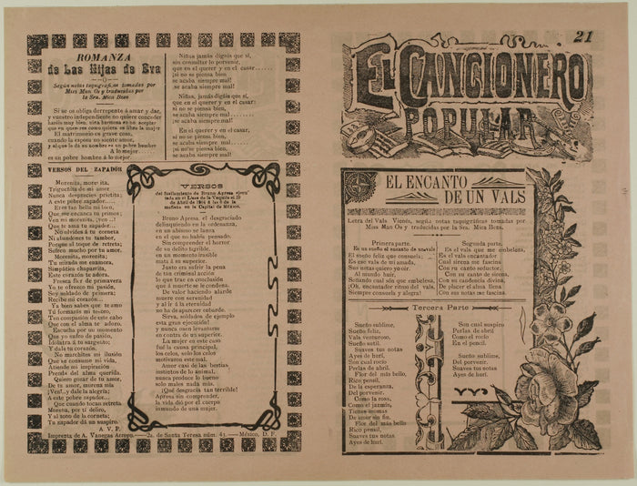 El cancionero popular, num. 21 (The Popular Songbook, No. 21): Manuel Manilla (Mexican, 1830-c.1900),16x12