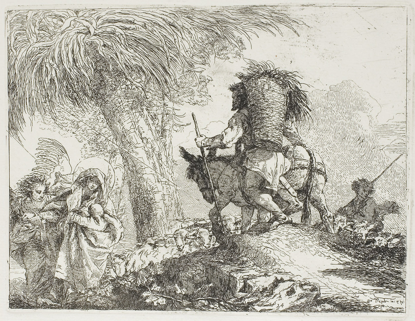 Mary, Helped -  an Angel, and Joseph Carrying the Basket, Passing a Flock, plate 24 from The Flight into Egypt -  Giovanni Domenico Tiepolo,  Poster Print Wall Art