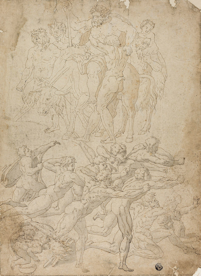 Archers Shooting at a Herm, Triumph of Bacchus, and Other Studies: after Michelangelo Buonarroti (Italian, 1475-1564),16x12