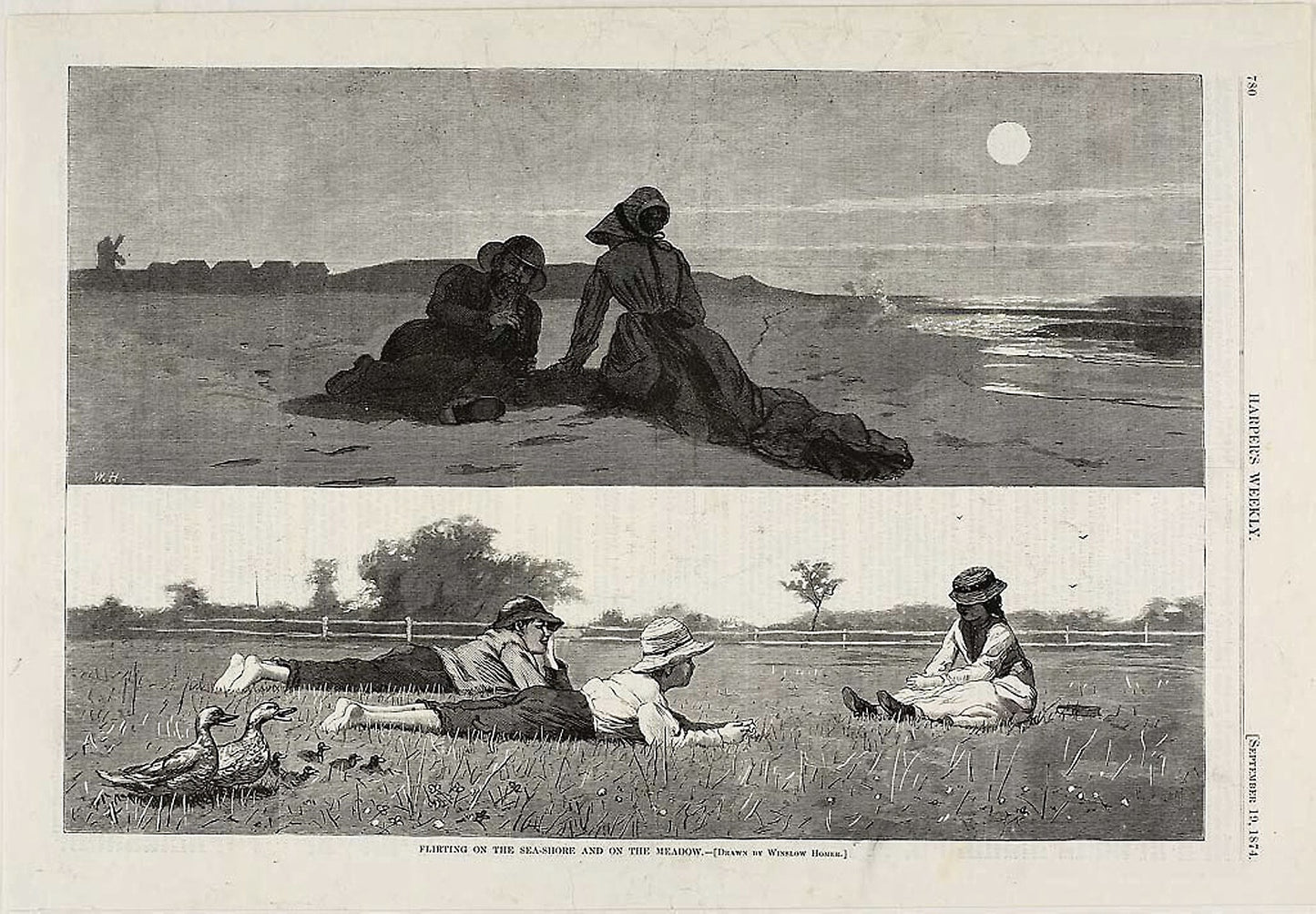 Flirting on the Sea-Shore and on the Meadow -  Winslow Homer (American, 1836-1910),  Poster Print Wall Art
