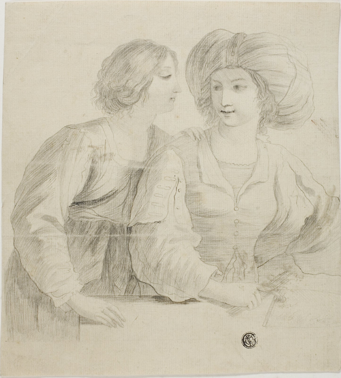Two Young Women, One Wearing Turban, in Conversation -  After Guercino,  Poster Print Wall Art