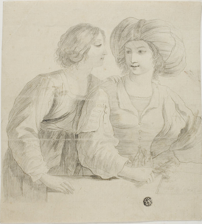 Two Young Women, One Wearing Turban, in Conversation: After Guercino,16x12