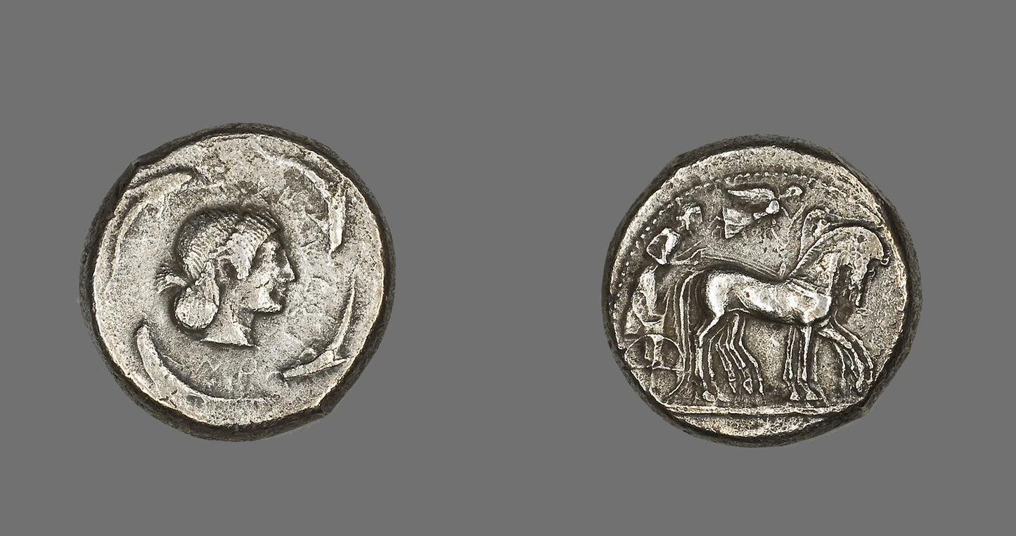 Tetradrachm (Coin) Depicting Quadriga with Bearded Charioteer -  Greek, minted in Syracuse, Sicily,  Poster Print Wall Art