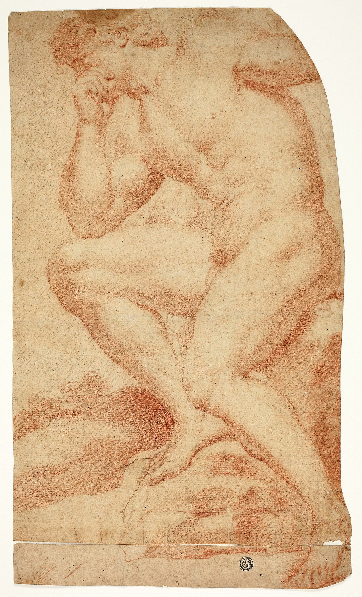 Seated Academic Male Nude in Profile to Left -  Attributed to Andrea Camassei,  Poster Print Wall Art