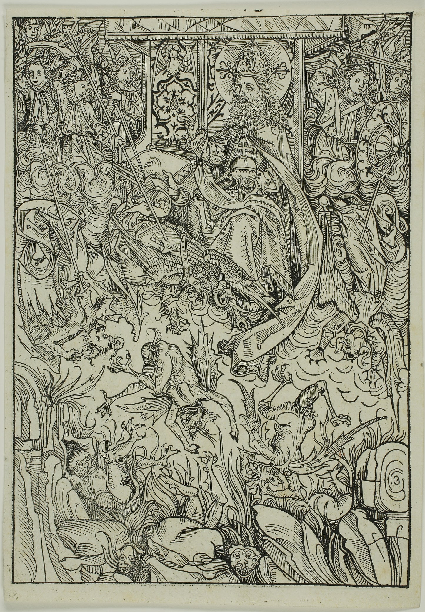 The Fall of Lucifer and the Rebel Angels (verso); The Gathering of the Angels (recto), pages three and two from the Treasury (Schatzbehalter) -  Michael Wolgemut and Workshop (German, 1434/37–1519),  Poster Print Wall Art