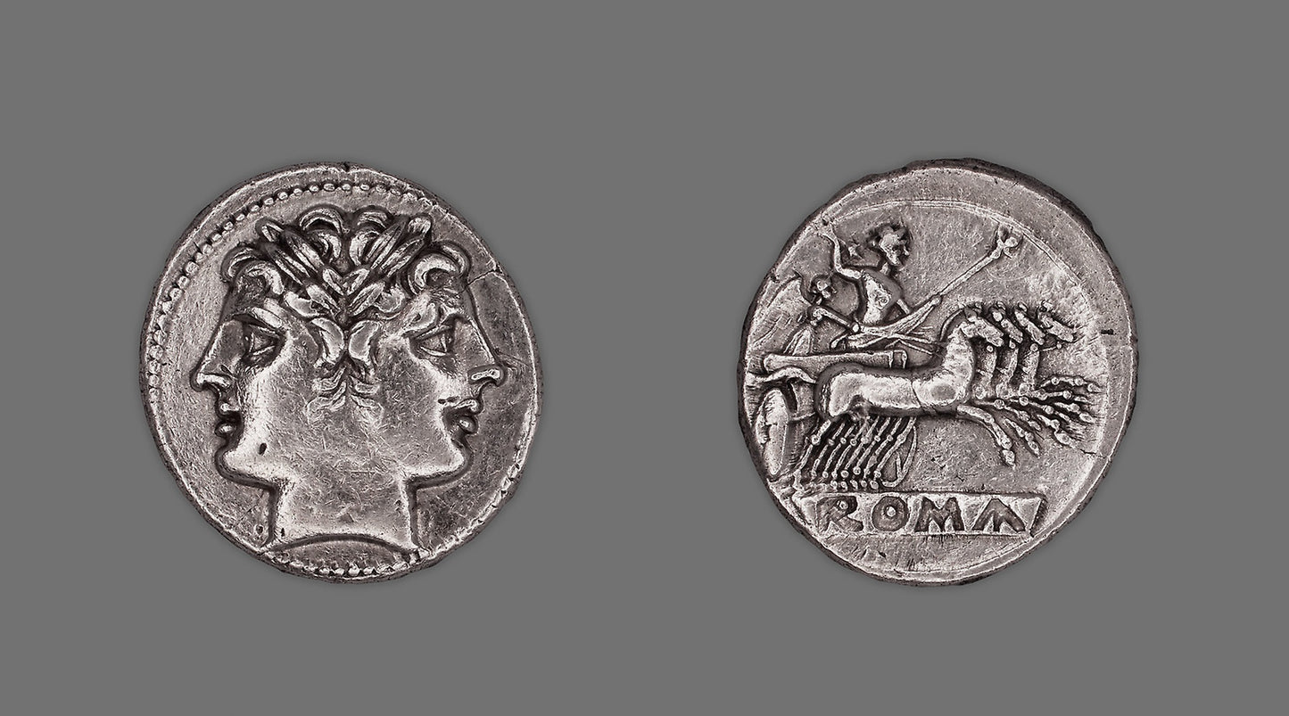 Didrachm (Coin) Depicting the Dioscuri (Castor and Pollux) -  Roman, minted in Rome (uncertain),  Poster Print Wall Art