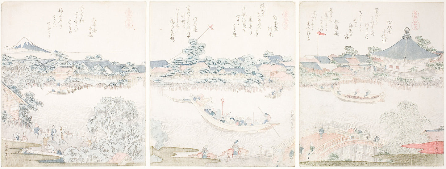 Komagata Hall and O-umaya River Bank, from the series "A Selection of Horses (Uma zukushi)" -  Katsushika Hokusai ?? ??,  Poster Print Wall Art
