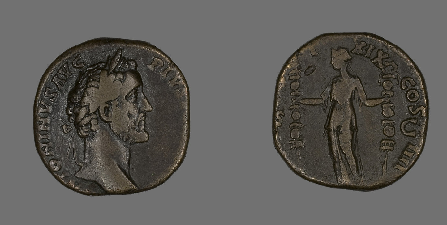Sestertius (Coin) Portraying Emperor Antoninus Pius -  Roman, minted in Rome,  Poster Print Wall Art