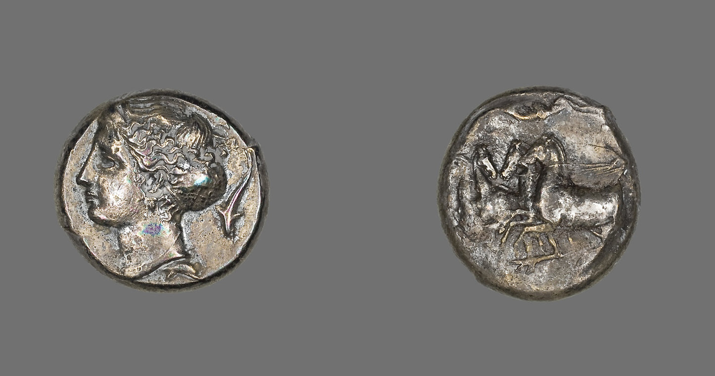 Tetradrachm (Coin) Depicting the Nymph Arethusa -  Greek, minted in Syracuse, Sicily,  Poster Print Wall Art