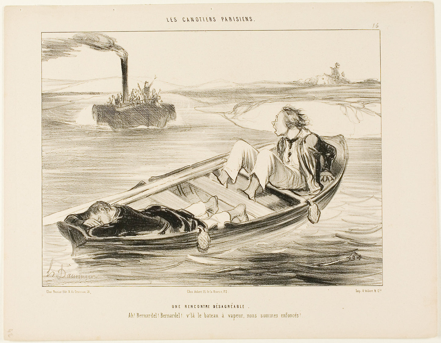 An Unpleasant Encounter. “Bernardel, Bernardel! Here comes the steamer... we will sink!,” plate 16 from Les Canotiers Parisiens -  Honoré Victorin Daumier,  Poster Print Wall Art