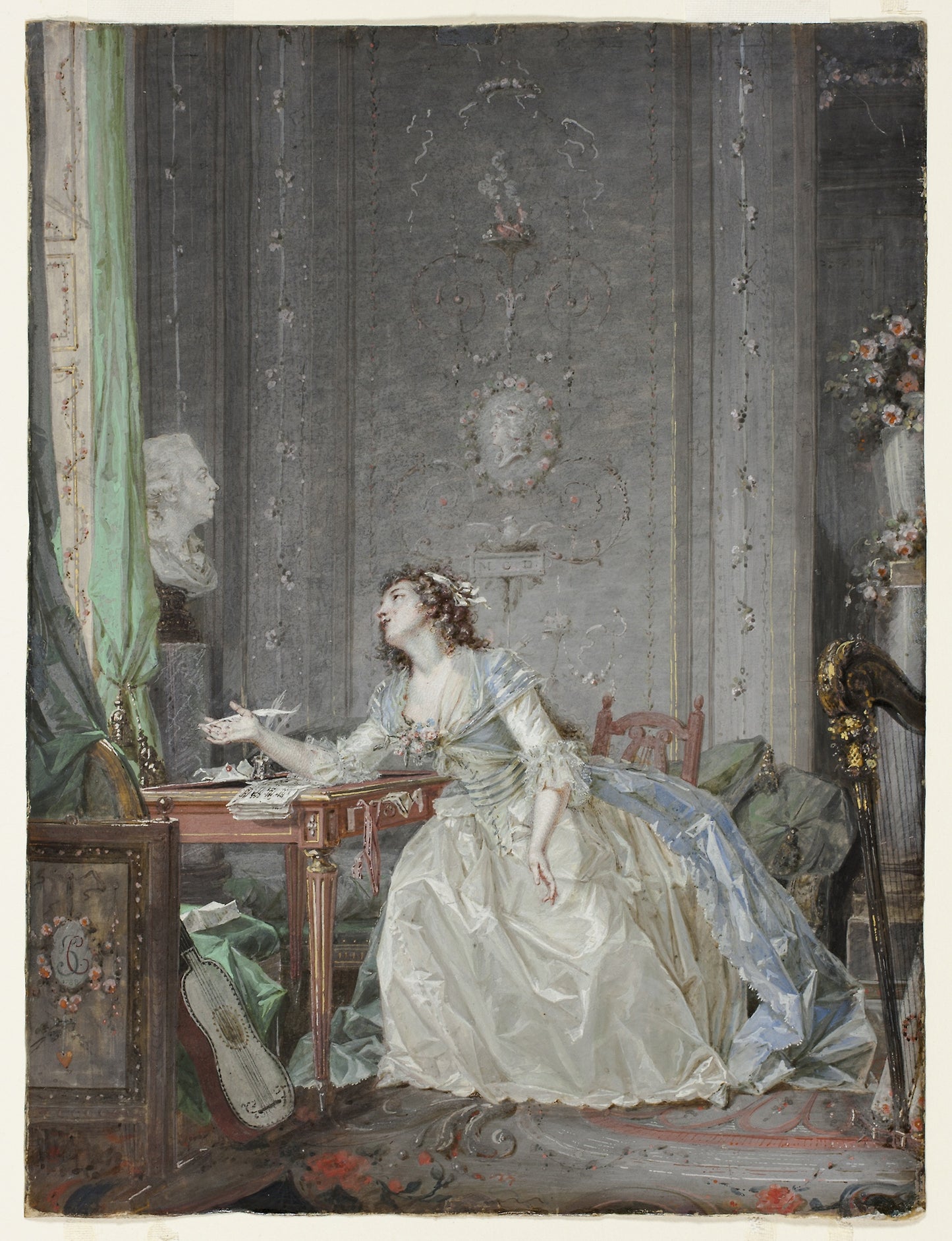Interior with a Portrait of a Young Lady Before a Bust -  Claude Hoin,  Poster Print Wall Art