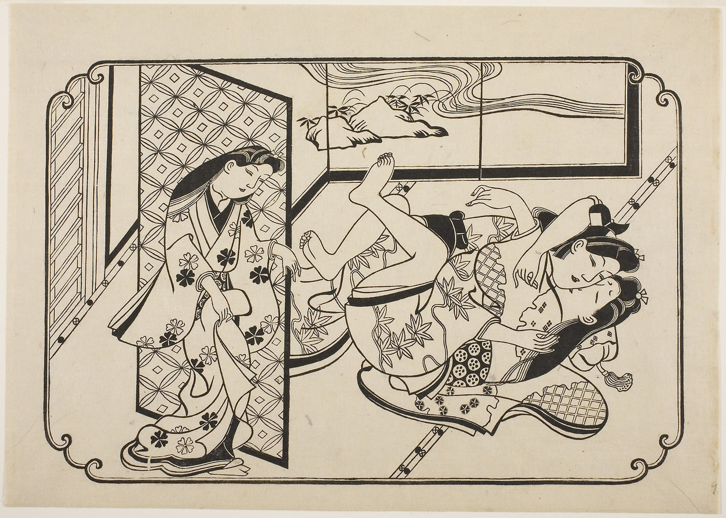 A Courtesan with Her Client, the first sheet of an untitled erotic picture album: Hishikawa Moronobu,16x12"(A3) Poster