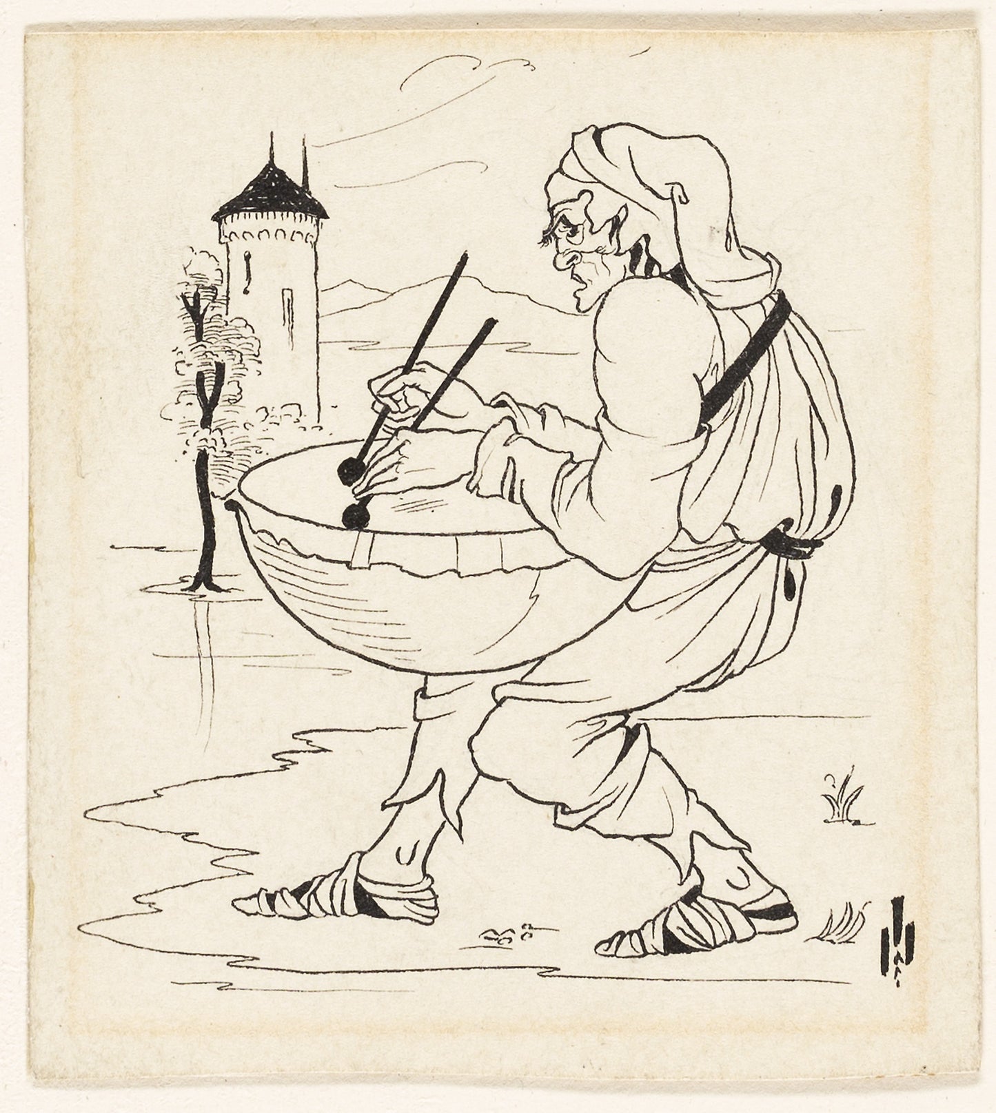 Man with Drum -  Attributed to Aubrey Vincent Beardsley,  Poster Print Wall Art