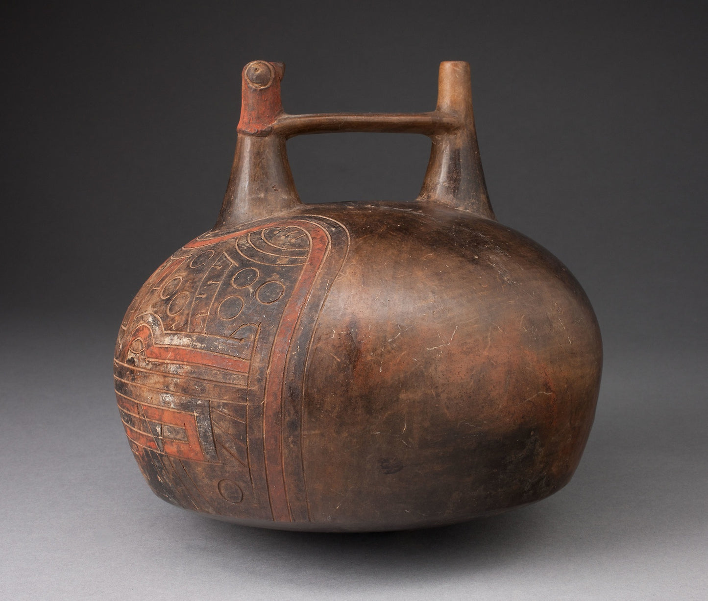 Double Spout Vessel with Incised and Painted Abstract Feline Head -  Paracas,  Poster Print Wall Art