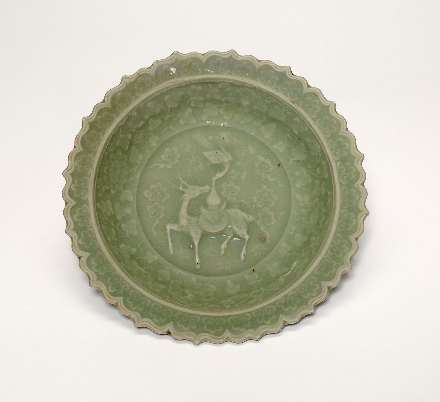 Foliate Dish with Crane and Deer Amid Clouds -  China,  Poster Print Wall Art