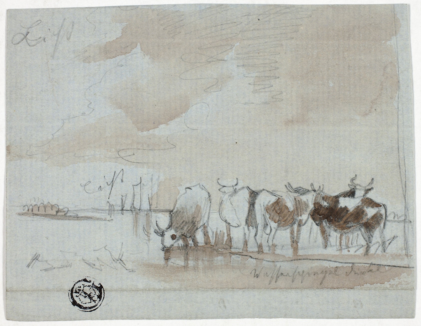 Cattle in Water: Unknown artist (German),16x12"(A3) Poster