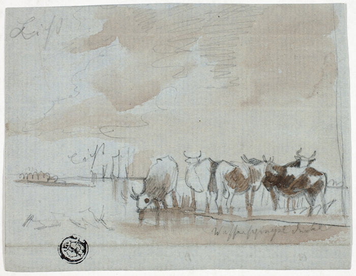 Cattle in Water: Unknown artist (German),16x12