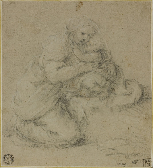 Kneeling Mother Embracing Child: Attributed to Michelangelo Anselmi,16x12"(A3) Poster