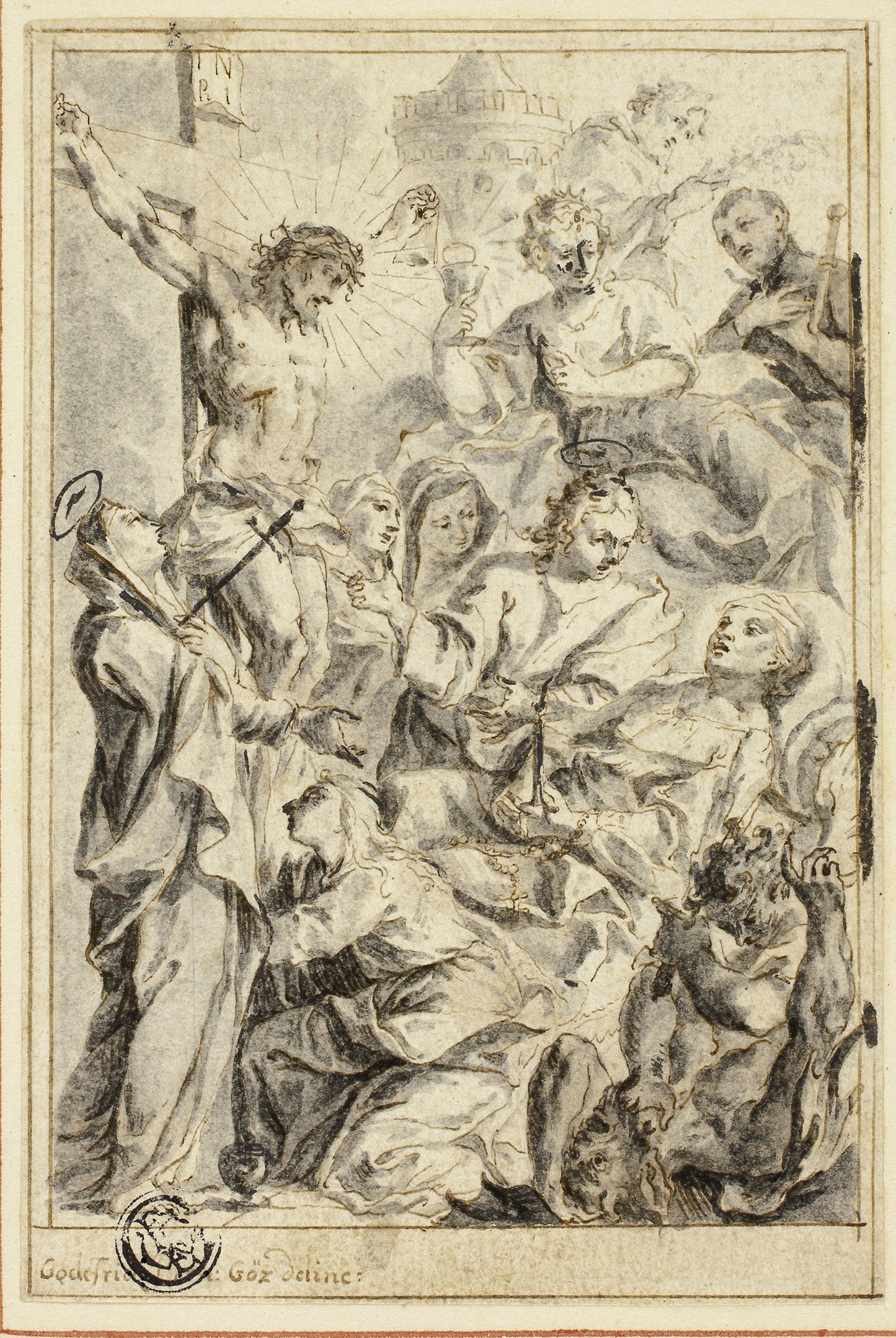 Dying Man Being Consoled -  Christ on the Cross, Virgin and Saints -  Gottfried Bernhard Goetz,  Poster Print Wall Art
