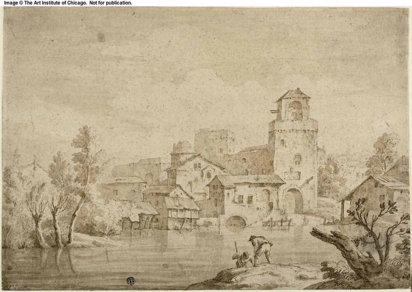 View of Town Beside River -  Attributed to Marco Ricci,  Poster Print Wall Art