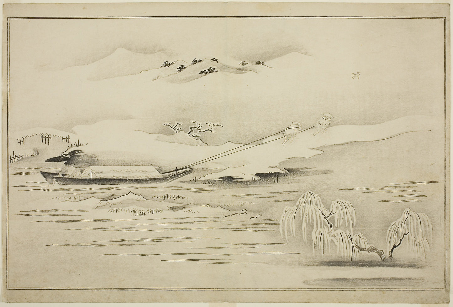 Towing a Barge in the Snow, from the album The Silver World -  Kitagawa Utamaro ??? ??,  Poster Print Wall Art