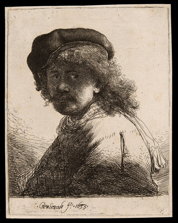 Self-Portrait in a Cap and Scarf with the Face Dark: Bust: Rembrandt van Rijn,16x12