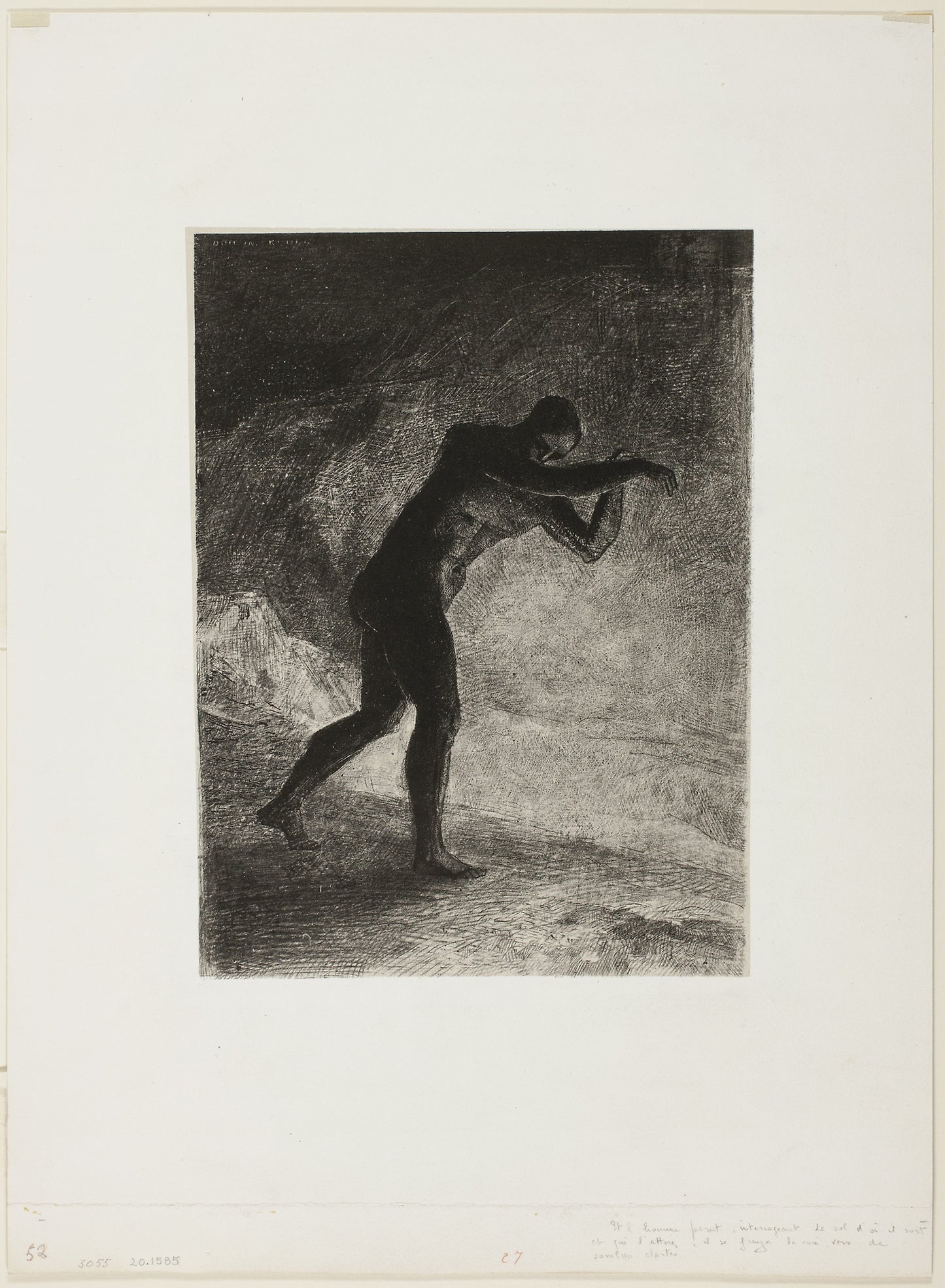 And Man Appeared; Questioning the Earth From Which He Emerged and Which Attracted Him, He Made His Way Toward Somber Brightness, plate 8 of 8 from "Les Origines": Odilon Redon,16x12"(A3) Poster