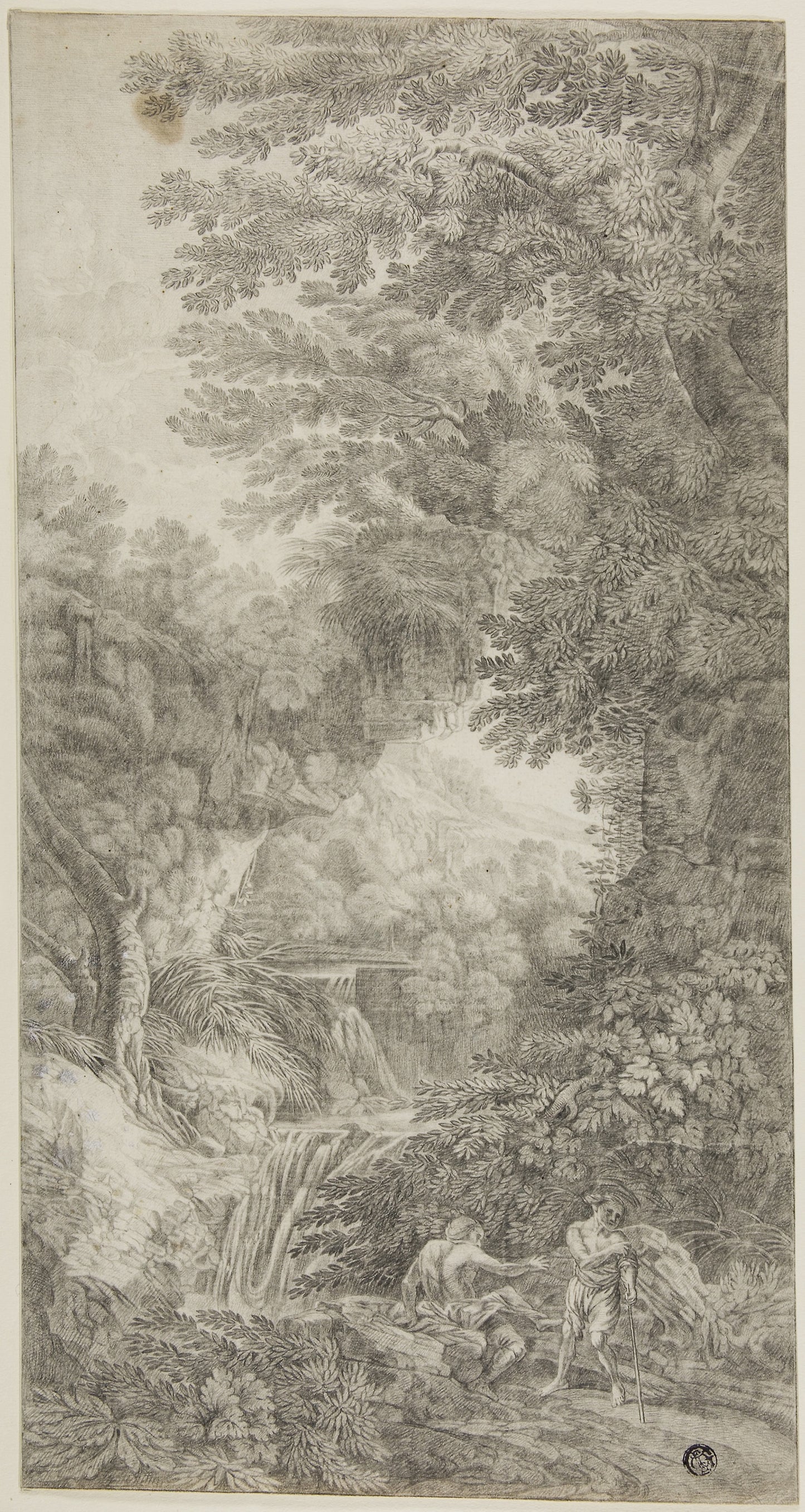 Forest Scene with Waterfall and Two Figures -  Attributed to Johann Samuel Bach,  Poster Print Wall Art