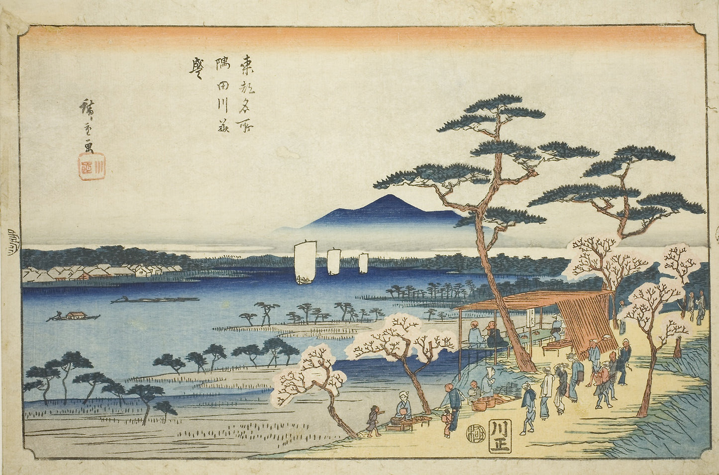 Cherry Blossoms in Full Bloom along the Sumida River (Sumidagawa hanazakari), from the series "Famous Places in the Eastern Capital (Toto meisho)" -  Utagawa Hiroshige ?? ??,  Poster Print Wall Art