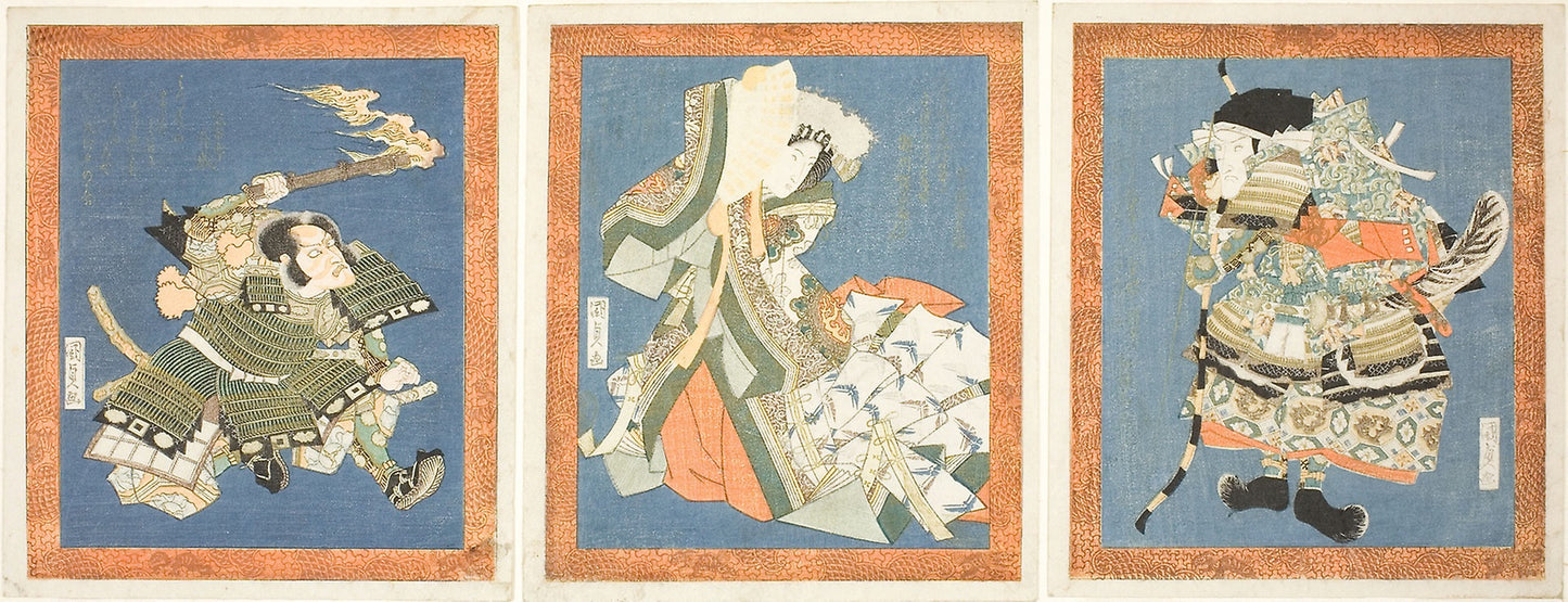 Bando Mitsugoro III as Minamoto no Yorimasa (right), Segawa Kikunojo V as Ayame no Mae (center), and Ichikawa Danjuro VII as I no Hayata (left) -  Utagawa Kunisada I (Toyokuni III),  Poster Print Wall Art