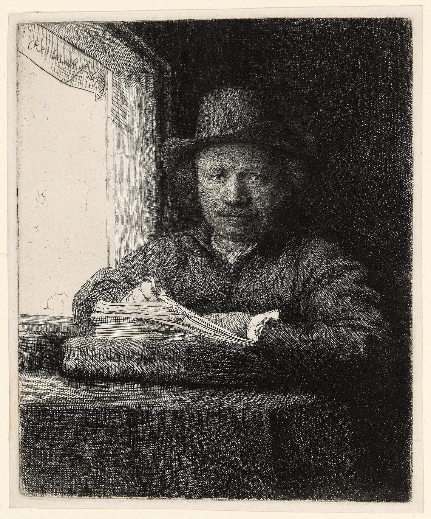Self-Portrait Etching at a Window -  Rembrandt van Rijn,  Poster Print Wall Art