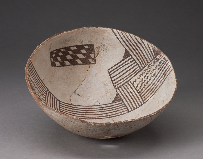 Bowl with Bold, Irregular Geometric Bands of Stripes, Zigzag, and Checkerboard Motifs: Cibola, Posibly Kiatuthlanna Black-on-white,16x12