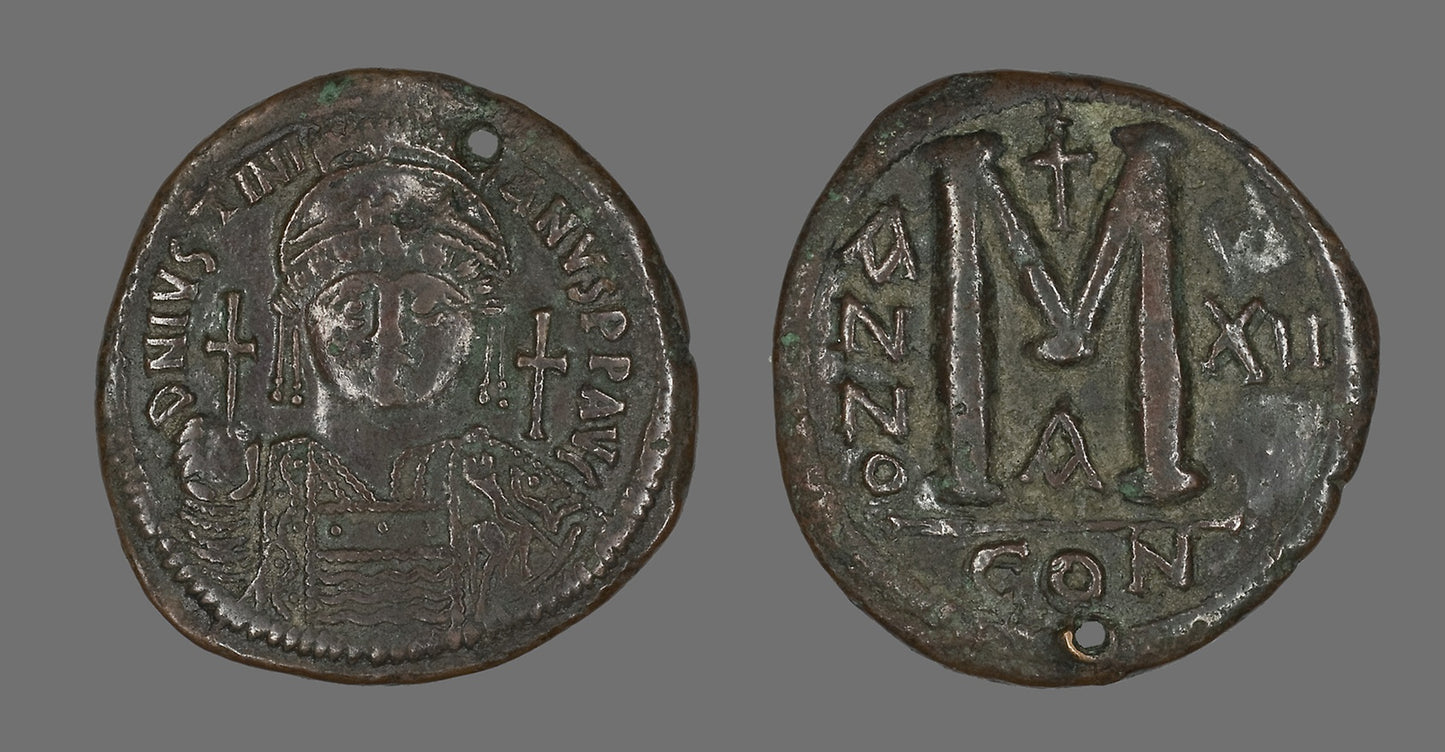 Follis (Coin) Portraying the Emperor Justinian I -  Byzantine, minted in Constantinople,  Poster Print Wall Art