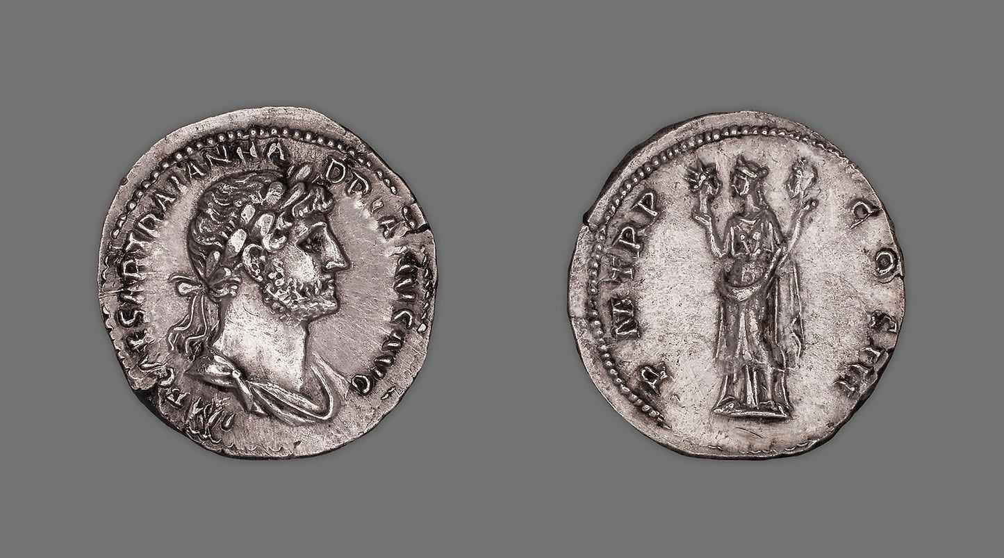 Denarius (Coin) Portraying Emperor Hadrian -  Roman, minted in Rome,  Poster Print Wall Art