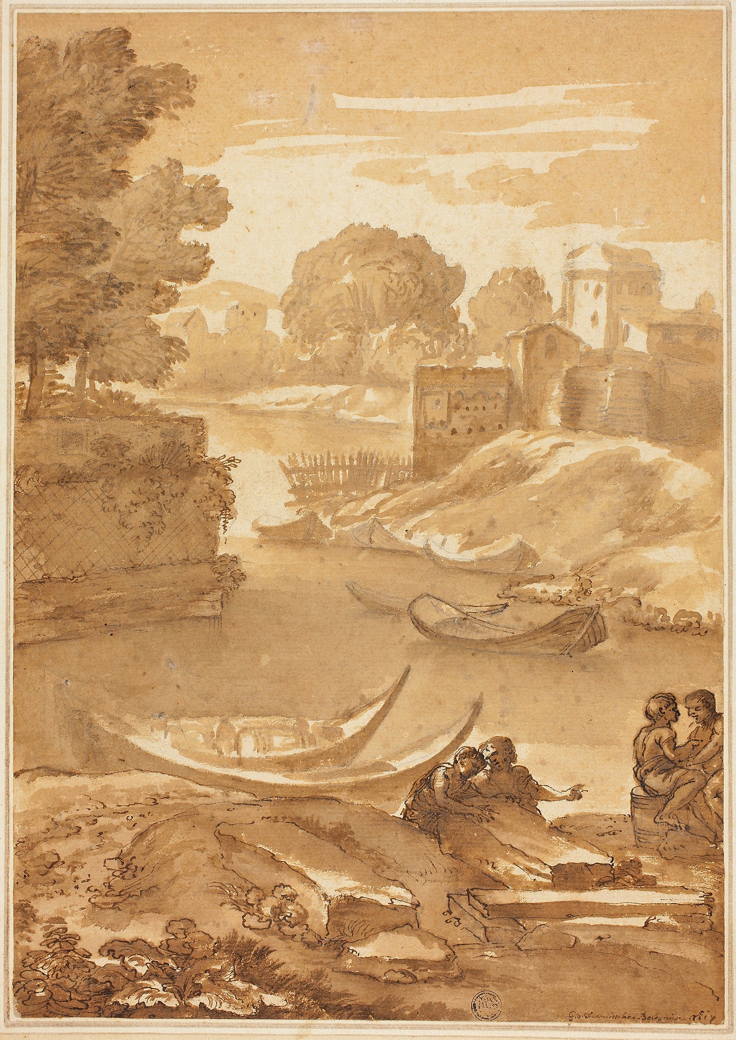 Figures Seated -  a River -  Giovanni Francesco Grimaldi,  Poster Print Wall Art