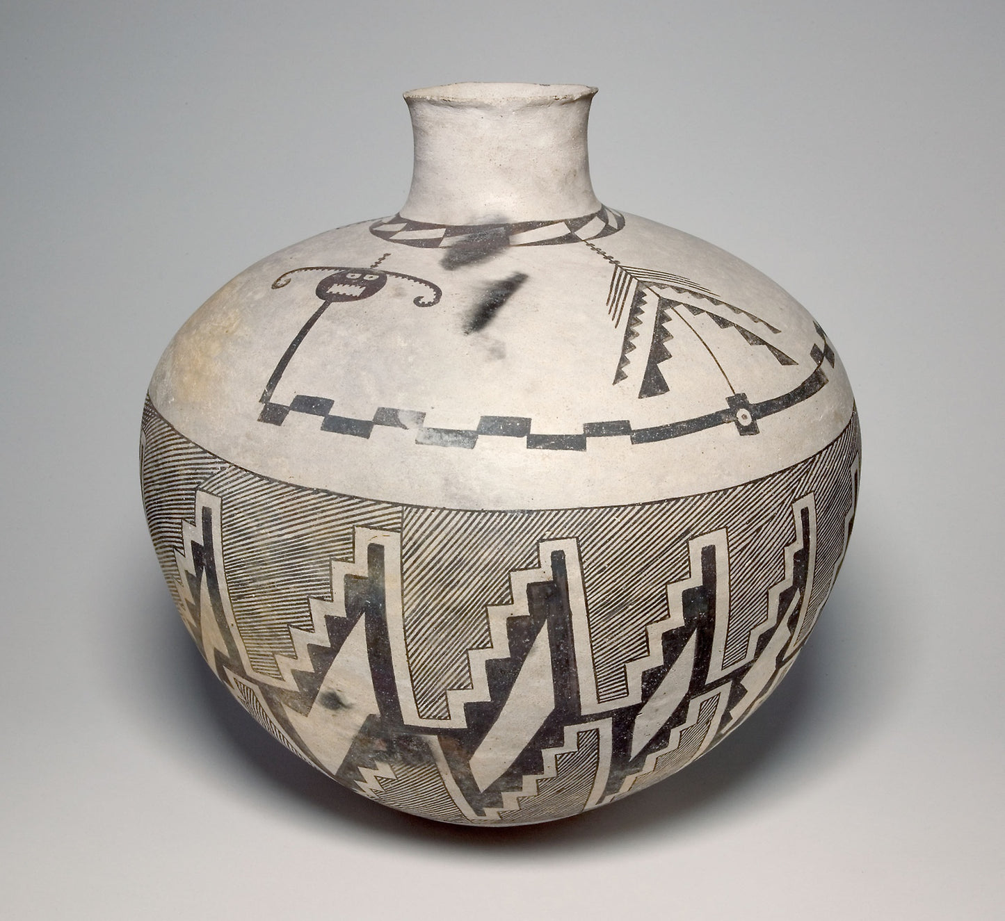 Jar with Horned Serpents and Interlocking, Hatched-and-Black Stepped Designs -  Ancestral Pueblo (Anasazi), Socorro Black-on-white,  Poster Print Wall Art