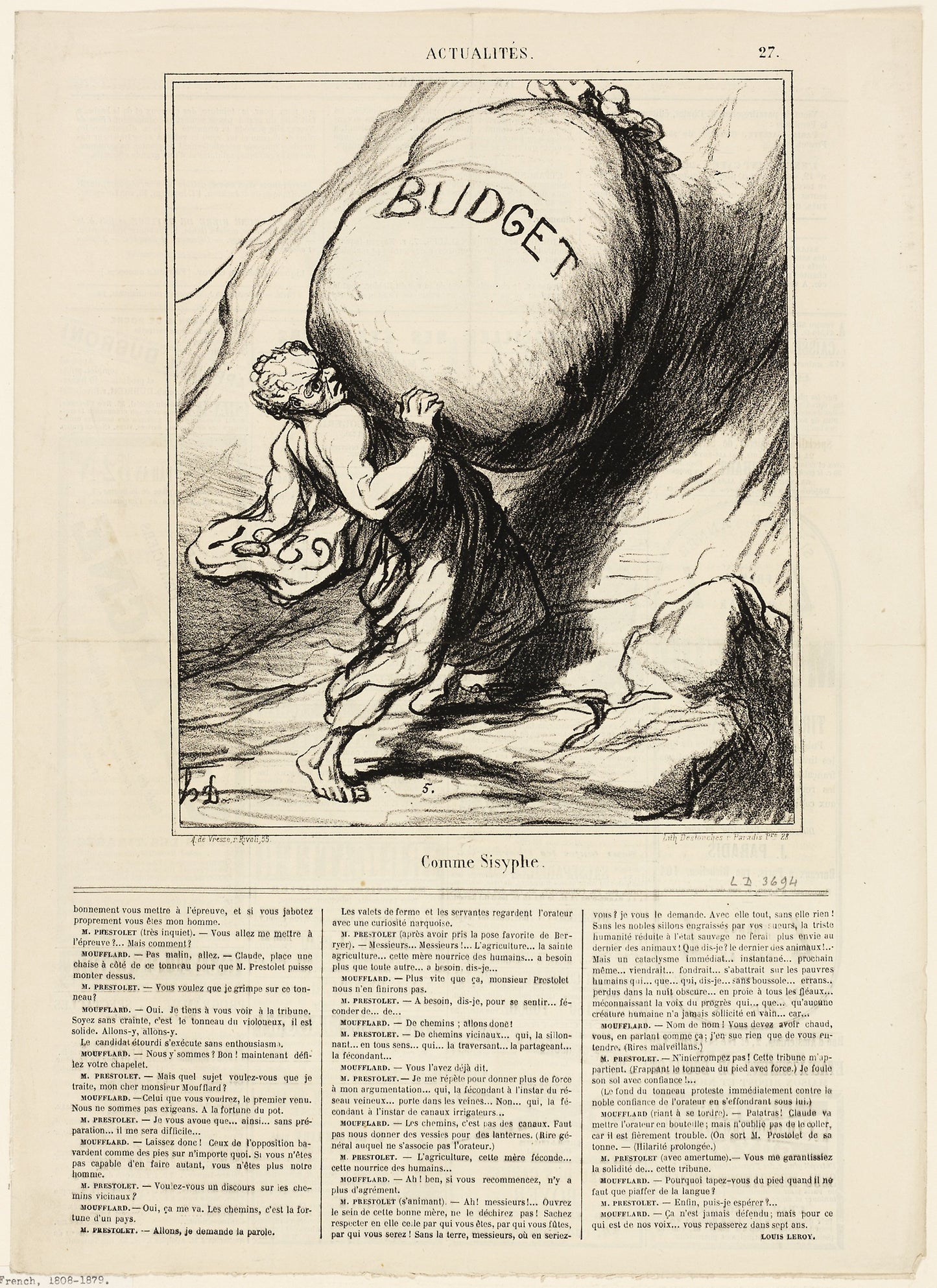 Just like Sisyphus, plate 27 from Actualités -  Honoré Victorin Daumier,  Poster Print Wall Art