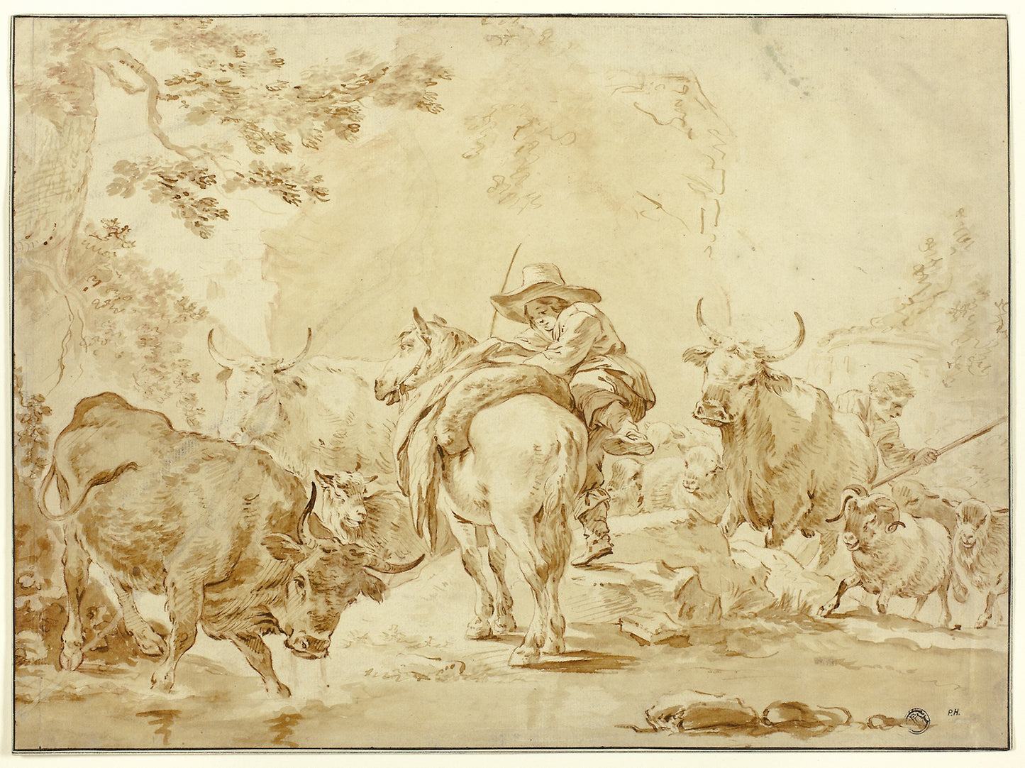 Herdsmen with Cattle and Sheep -  Follower of Claes Pietersz Berchem (Dutch, 1620-1683),  Poster Print Wall Art