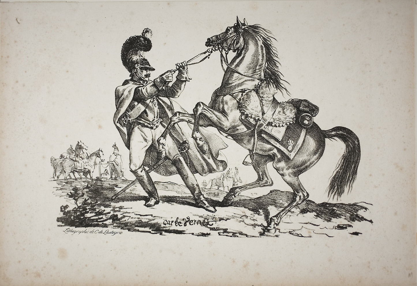 Cuirassier on Foot Holding back his Rearing Horse -  Carle Vernet (French, 1758-1836),  Poster Print Wall Art